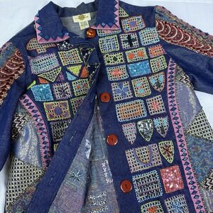 VTG Sandy Starkman Beaded Embellished Jacket Size M Boho Artsy Denim Patchwork